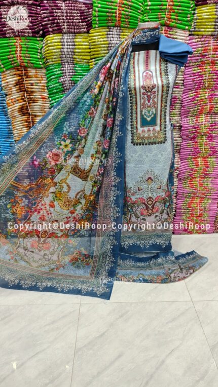 আনস্টিচ জম জম সুইস কটন থ্রি পিস জামা+ওড়না+প্যান্ট